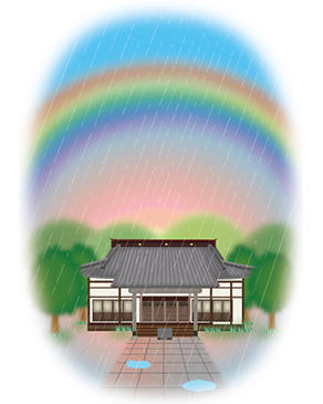 お寺と虹